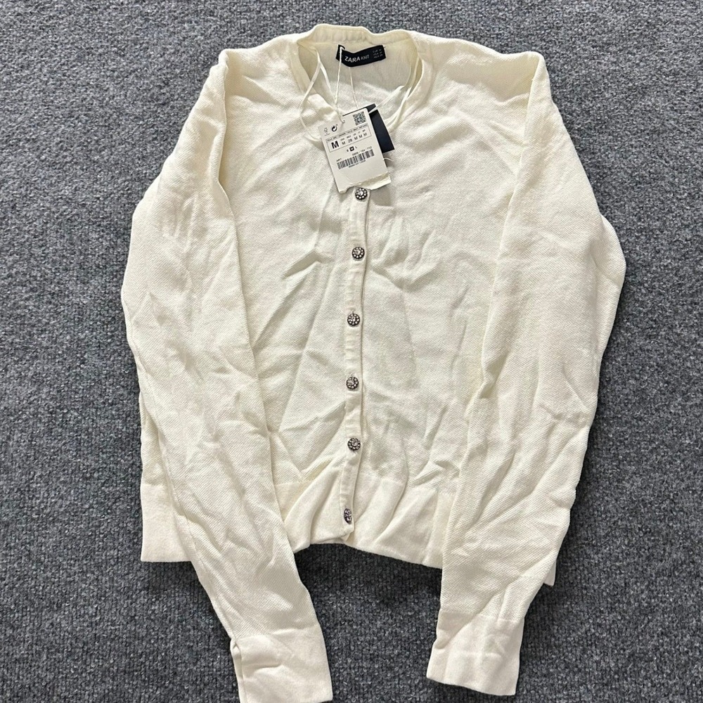 Zara Cardigan Womens Size M Cream Viscose Rhinestone Button Lightweight Knit